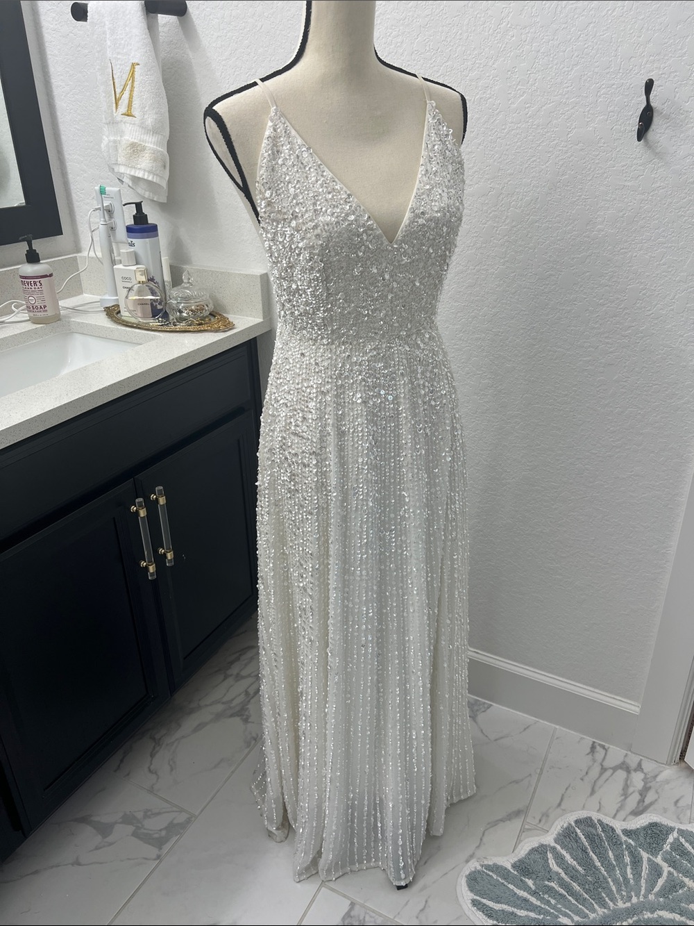 ASOS Bridal Beaded V-Neck Sequin Gown — White/Silver